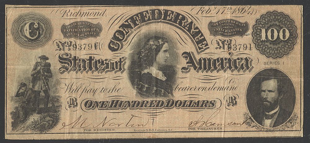 T-65, 1864 $100 Confederate States "Lucy Pickens" Note, 93791